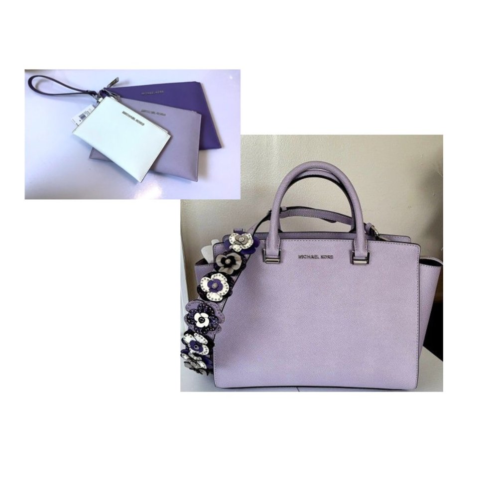 Michael Kors Selma Large Purple with 3D Strap Saffiano Satchel + Jet Set Travel